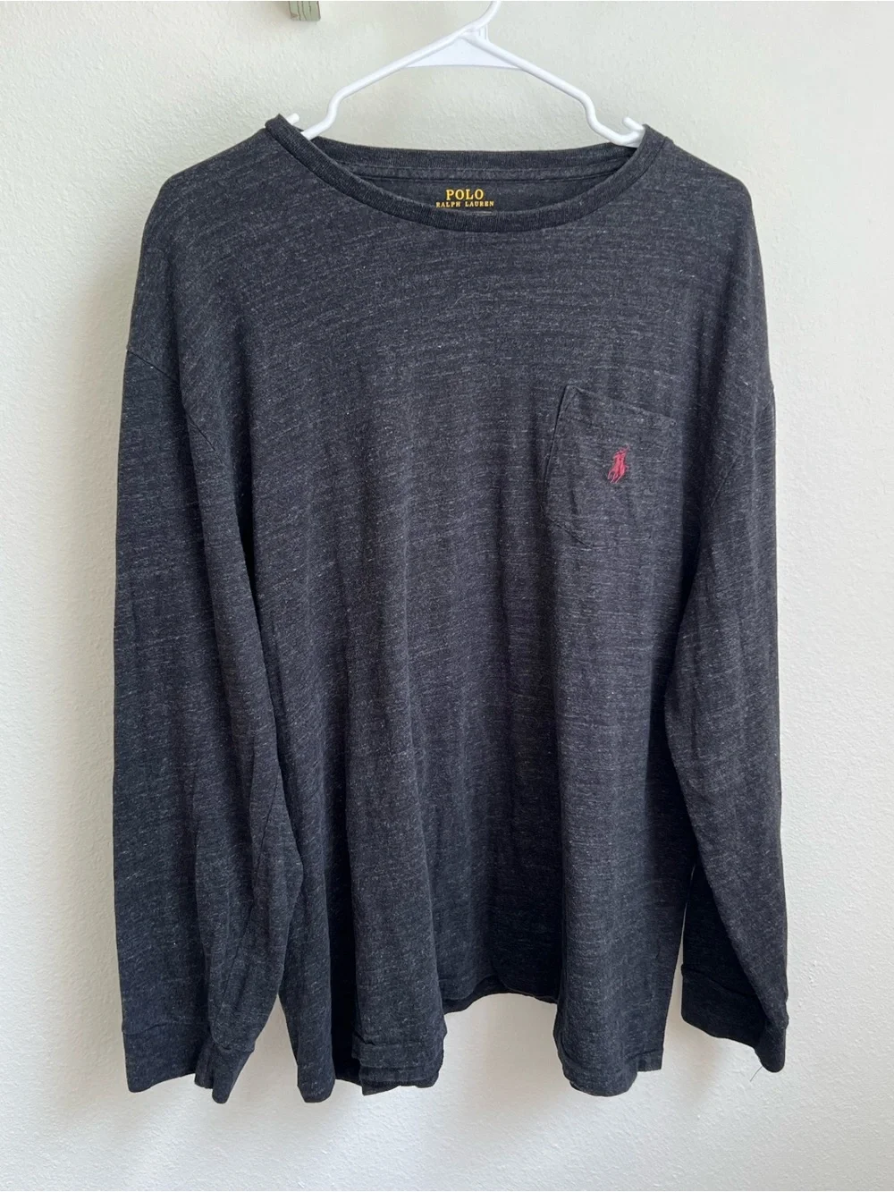 Polo by Ralph Lauren Men's Long Sleeve Charcoal Pocket Tee with Red Logo